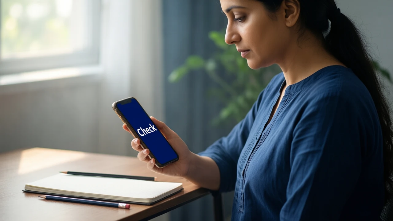 An Indian woman in a plain unprinted cotton kurta seen in three-quarter view at a small desk, looking down at a smartphone held at chest height, its screen angled slightly toward us and deep midnight-blue with the single large white word "Check", a closed paper notebook and a pencil on the desk, soft daylight falling from the left.