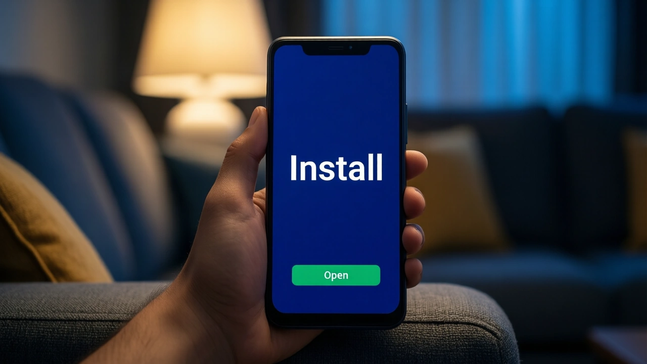 On a sofa armrest in a dim living room, a hand raises an Android phone whose screen is deep midnight-blue, showing one large white word "Install" with a green button reading "Open" below it, a lamp glowing softly behind.