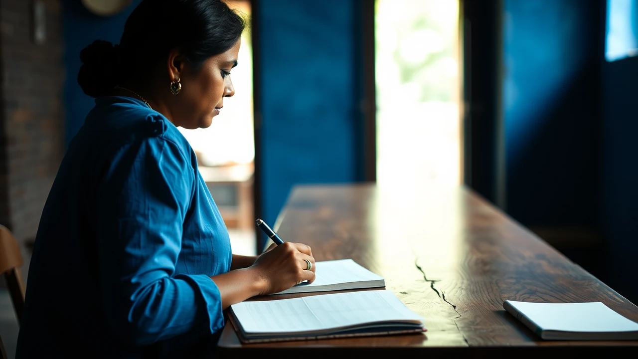 An Indian woman in a plain unprinted shirt seen from the side at a long wooden table, writing in a paper notebook with a pen, a second closed notebook beside it, soft afternoon daylight from the left.