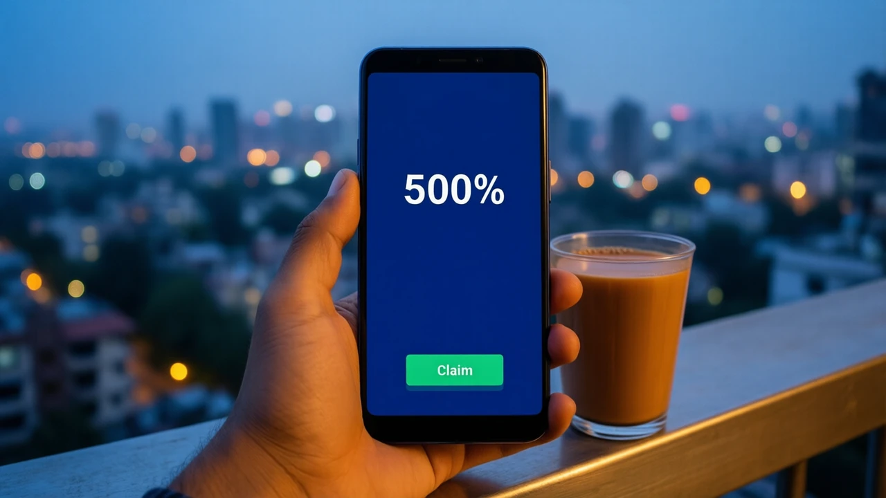 A cup of chai on a balcony ledge at dusk and, beside it, a raised phone whose screen is deep midnight-blue, showing the large white number "500%" printed flat with a green button reading "Claim" below it, city lights soft and out of focus behind.