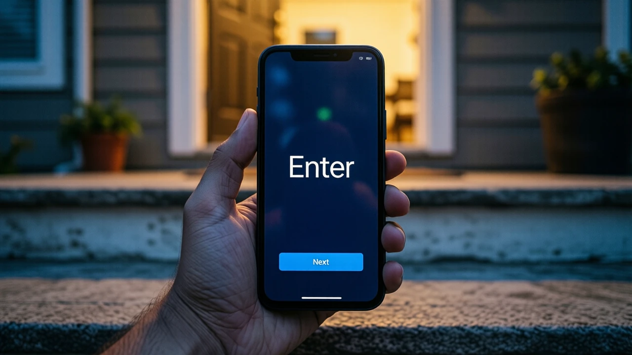 Sitting on house steps in the early evening, someone holds out a phone; its screen is deep midnight-blue, showing one large white word "Enter" above a bright blue button reading "Next", warm light from a doorway behind.