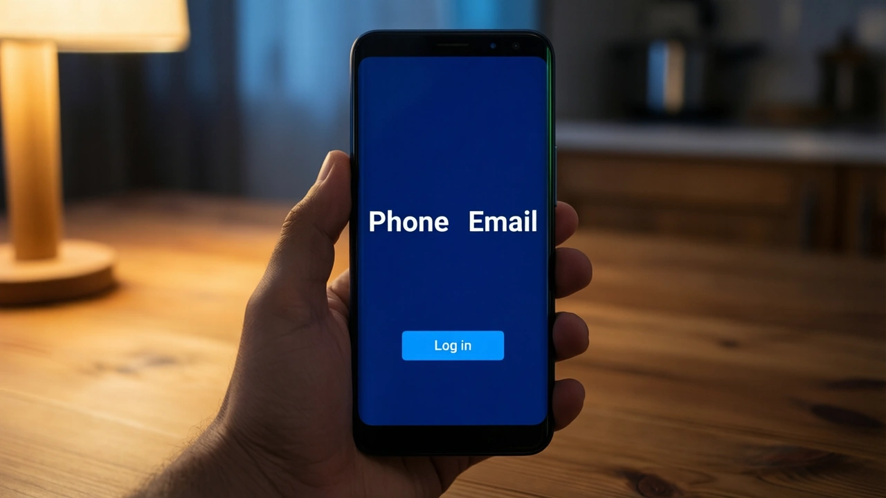A phone held up over a wooden kitchen table in the evening lamplight, its screen is deep midnight-blue, showing two large white words "Phone" and "Email" side by side with a bright blue button reading "Log in" below them, soft warm lamplight from the left.