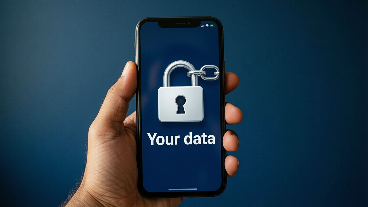 Against a dark blue wall, a hand shows a phone whose screen is deep midnight-blue, showing a large white closed padlock, shackle locked shut, above the large white words "Your data".