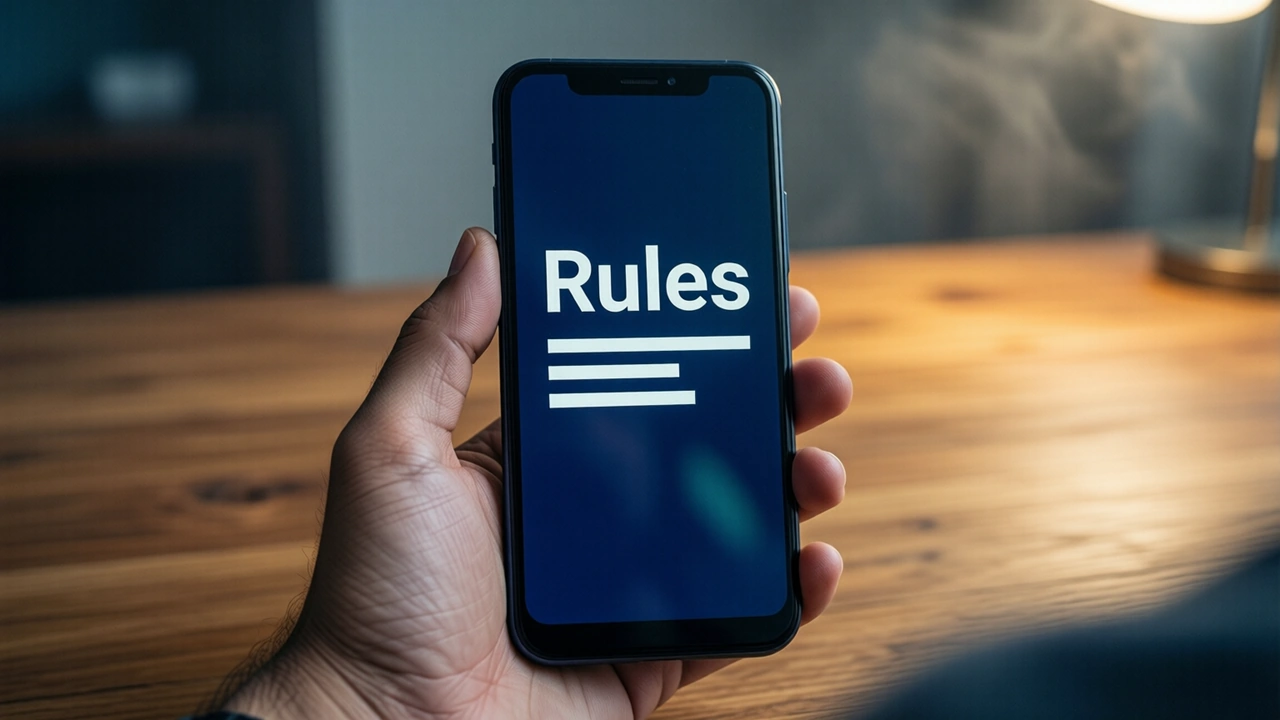 A phone lifted above a bare wooden table under a lamp, its screen is deep midnight-blue, showing the large white word "Rules" above three short white lines, soft lamplight from the right.
