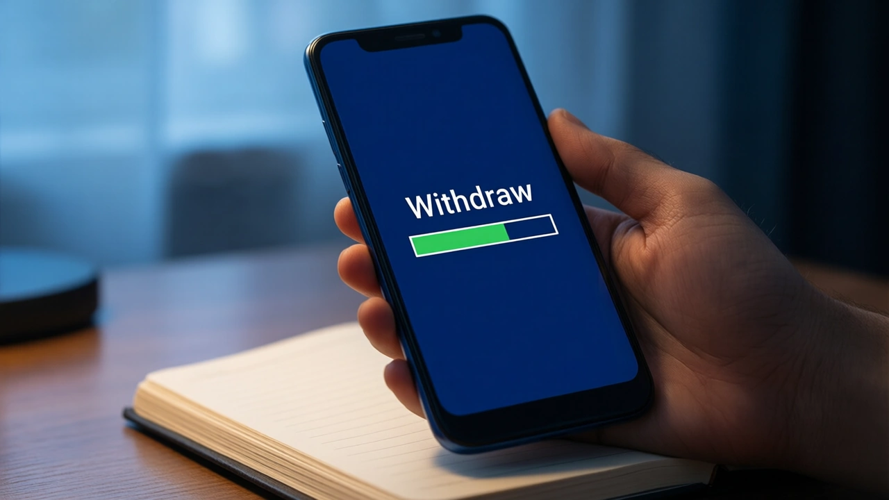 Over a small desk and a closed notebook, an Android phone tilted toward the camera, its screen is deep midnight-blue, showing one large white word "Withdraw" above a short white bar half filled in green, cool evening light from the left.
